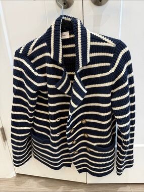 Navy & Cream Striped Knit Peacoat Jacket - Unbranded